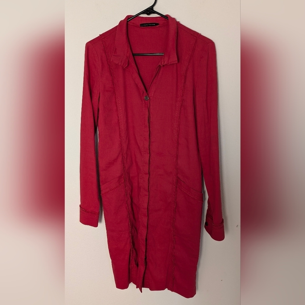 Tahari Women's Long Red Shirt Jacket Size 4 Collared Not Lined Lightweight